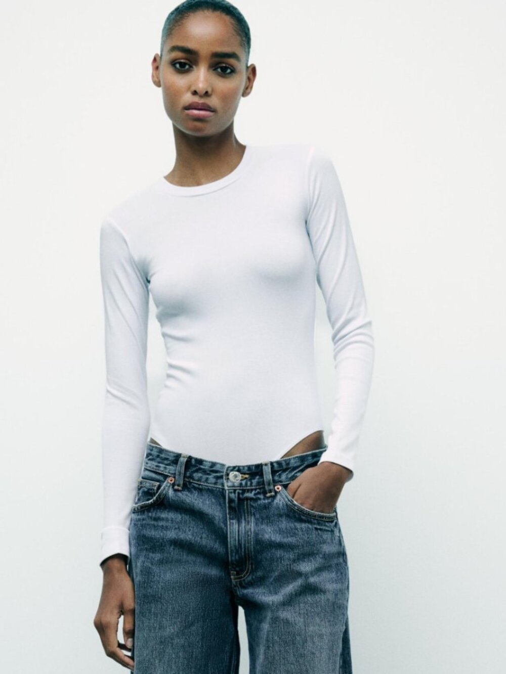 Zara White Long Sleeve Body Suit Medium